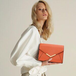 ⚡ Women's Orange Leather Elegant Snap Closure Envelope Foldover Clutch Bag